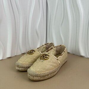 Gucci Beige Raffia Espadrilles With Gold GG Logo Womens 35.5 Made In Spain